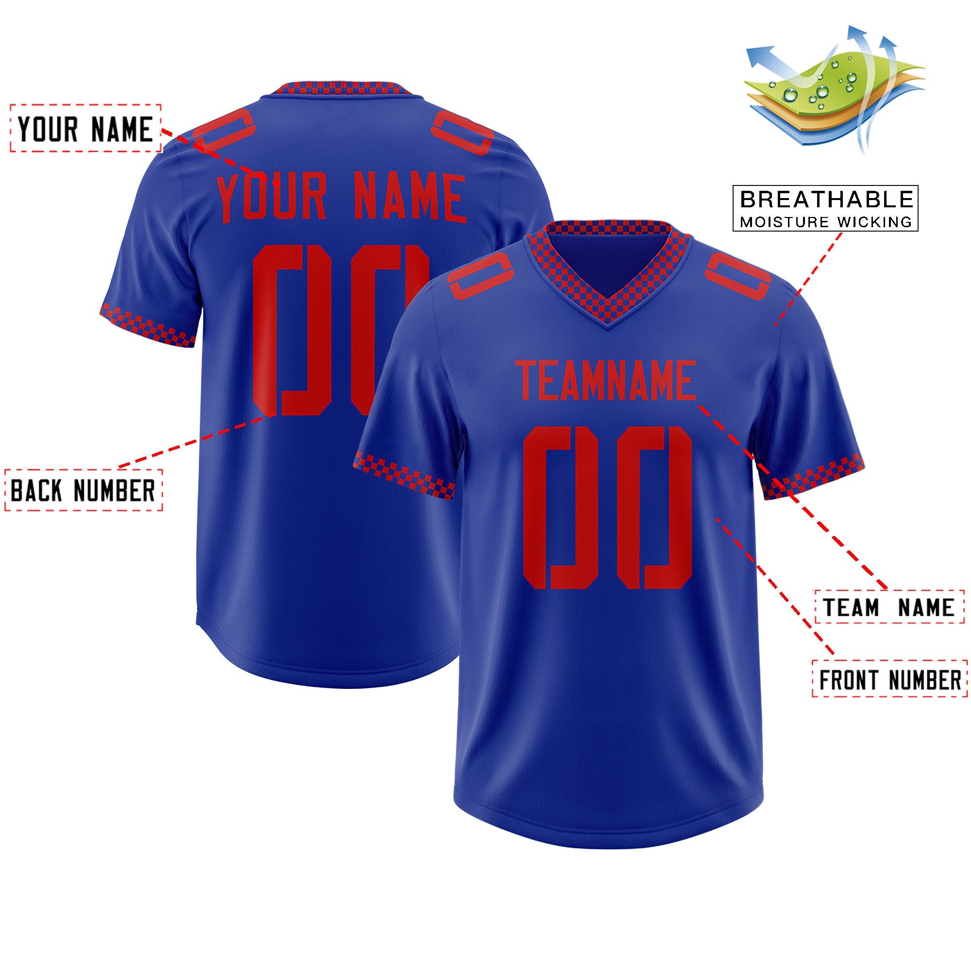 Custom Royal Red Personalized Neckline Square Classic Authentic Football Jersey