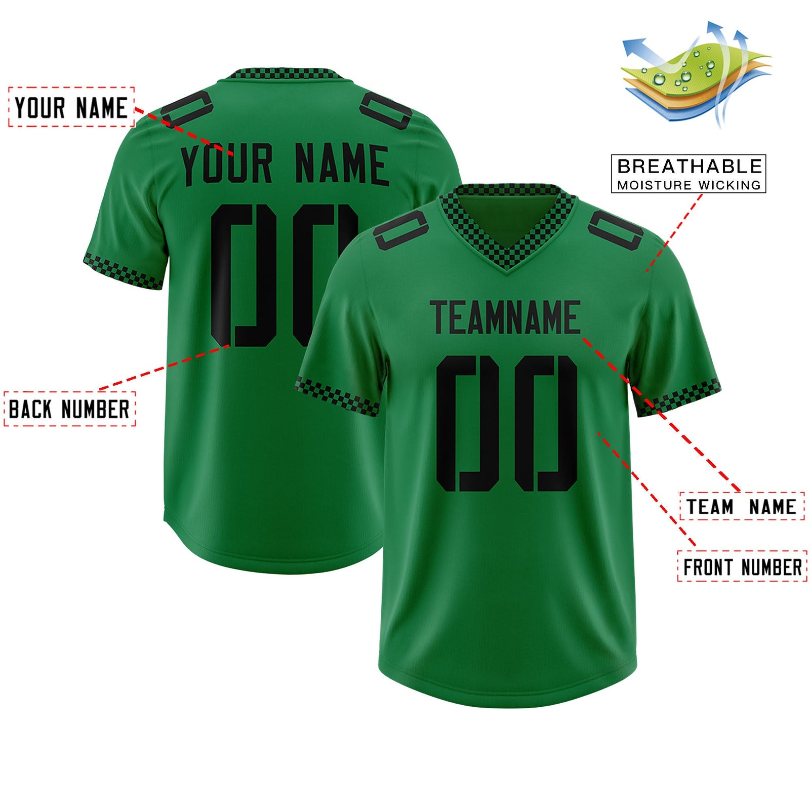 Custom Kelly Green Black Personalized Neckline Square Classic Authentic Football Jersey