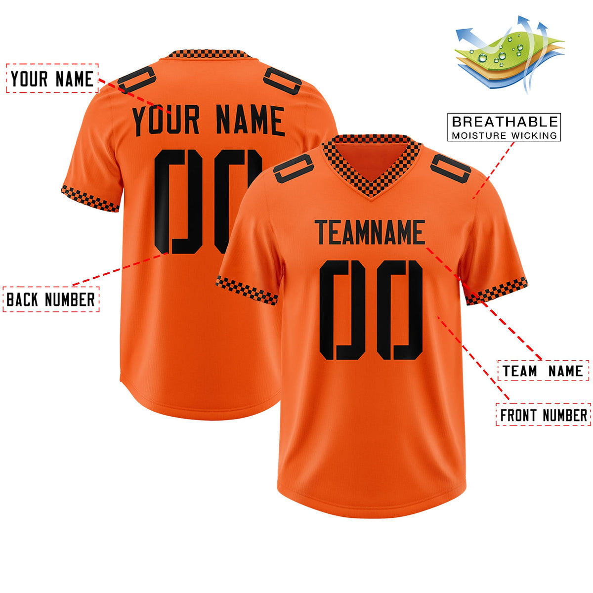 Custom Orange Black Personalized Neckline Square Classic Authentic Football Jersey