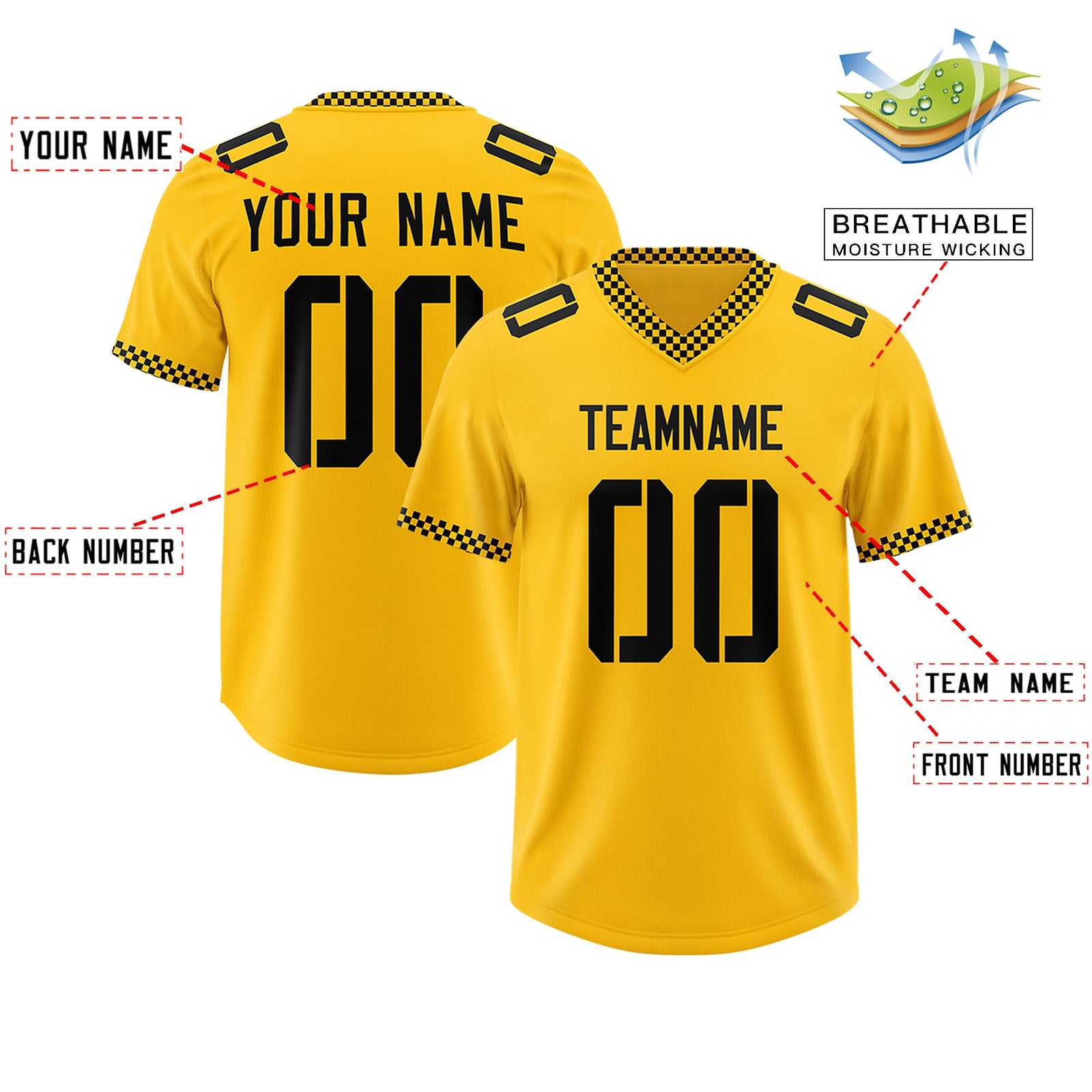 Custom Yellow Black Personalized Neckline Square Classic Authentic Football Jersey