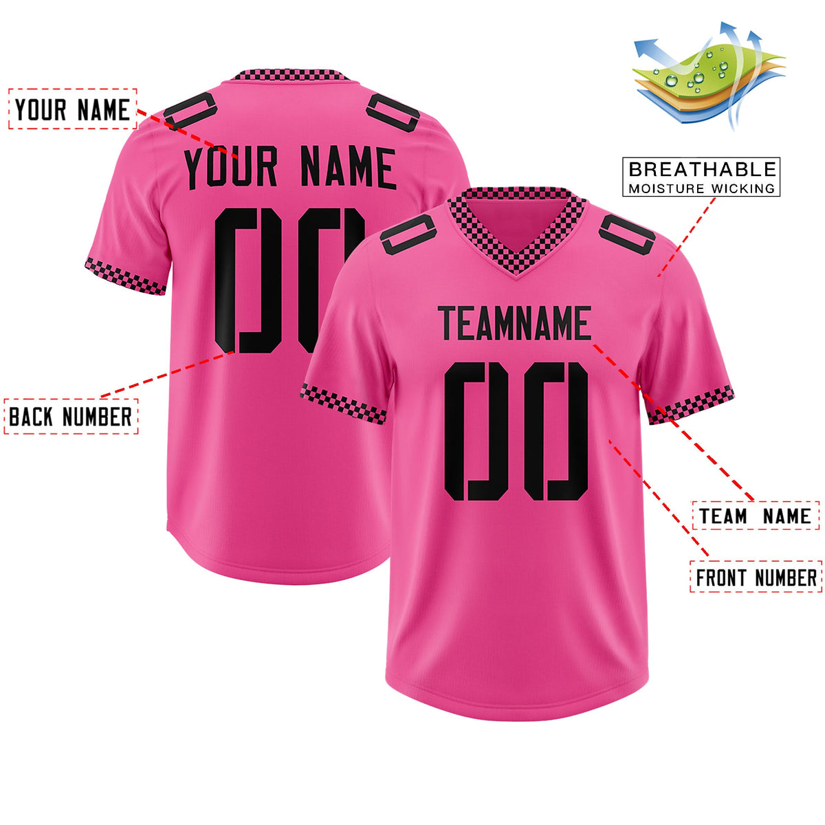 Custom Pink Black Personalized Neckline Square Classic Authentic Football Jersey