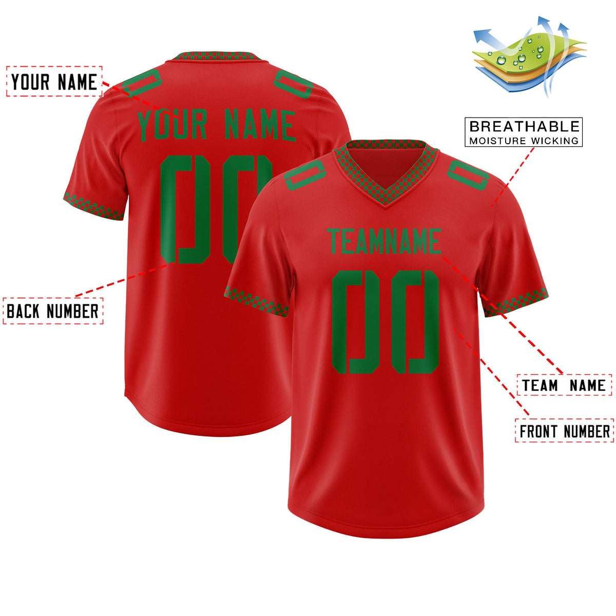 Custom Red Kelly Green Personalized Neckline Square Classic Authentic Football Jersey