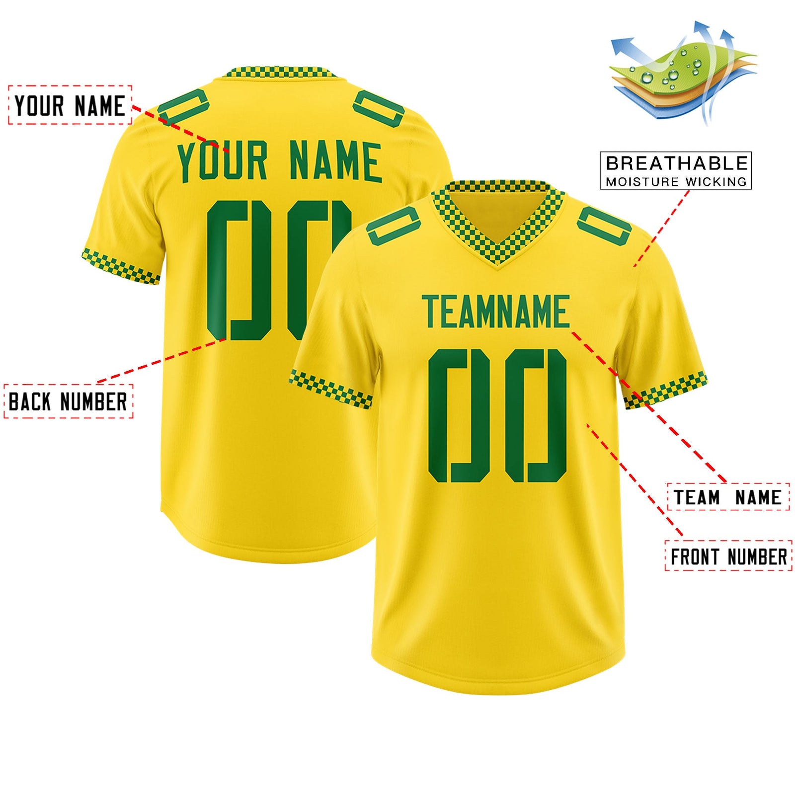 Custom Yellow Kelly Green Personalized Neckline Square Classic Authentic Football Jersey