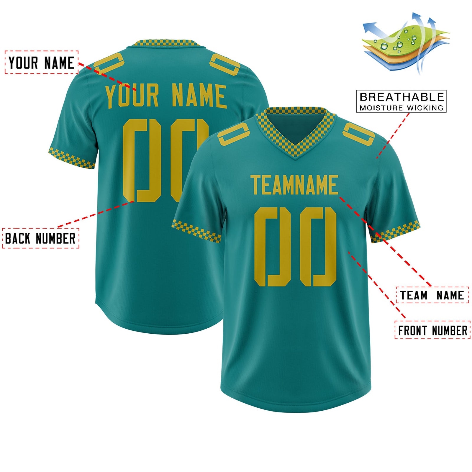 Custom Aqua Old Gold Personalized Neckline Square Classic Authentic Football Jersey