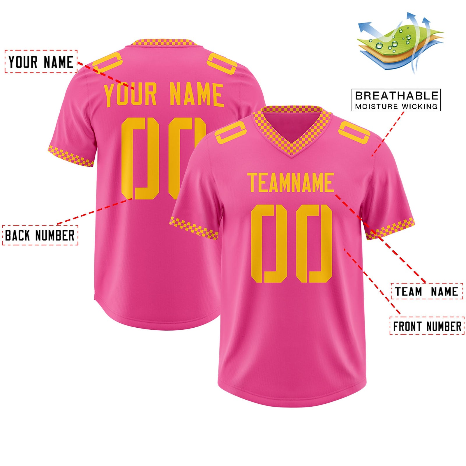 Custom Pink Yellow Personalized Neckline Square Classic Authentic Football Jersey