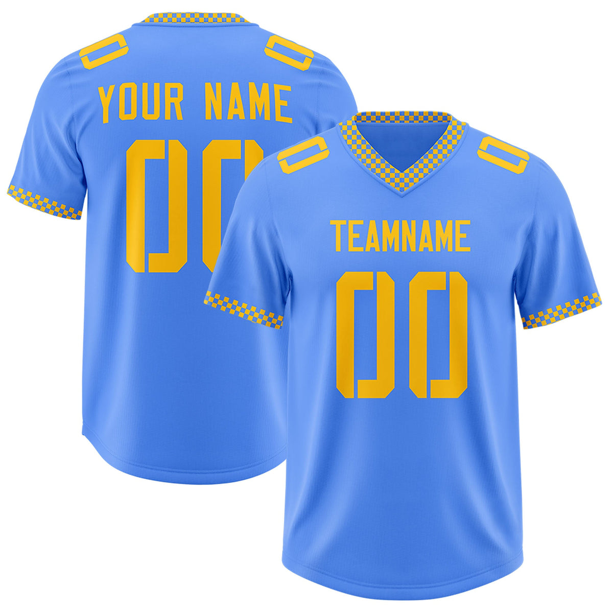Custom Powder Blue Yellow Personalized Neckline Square Classic Authentic Football Jersey
