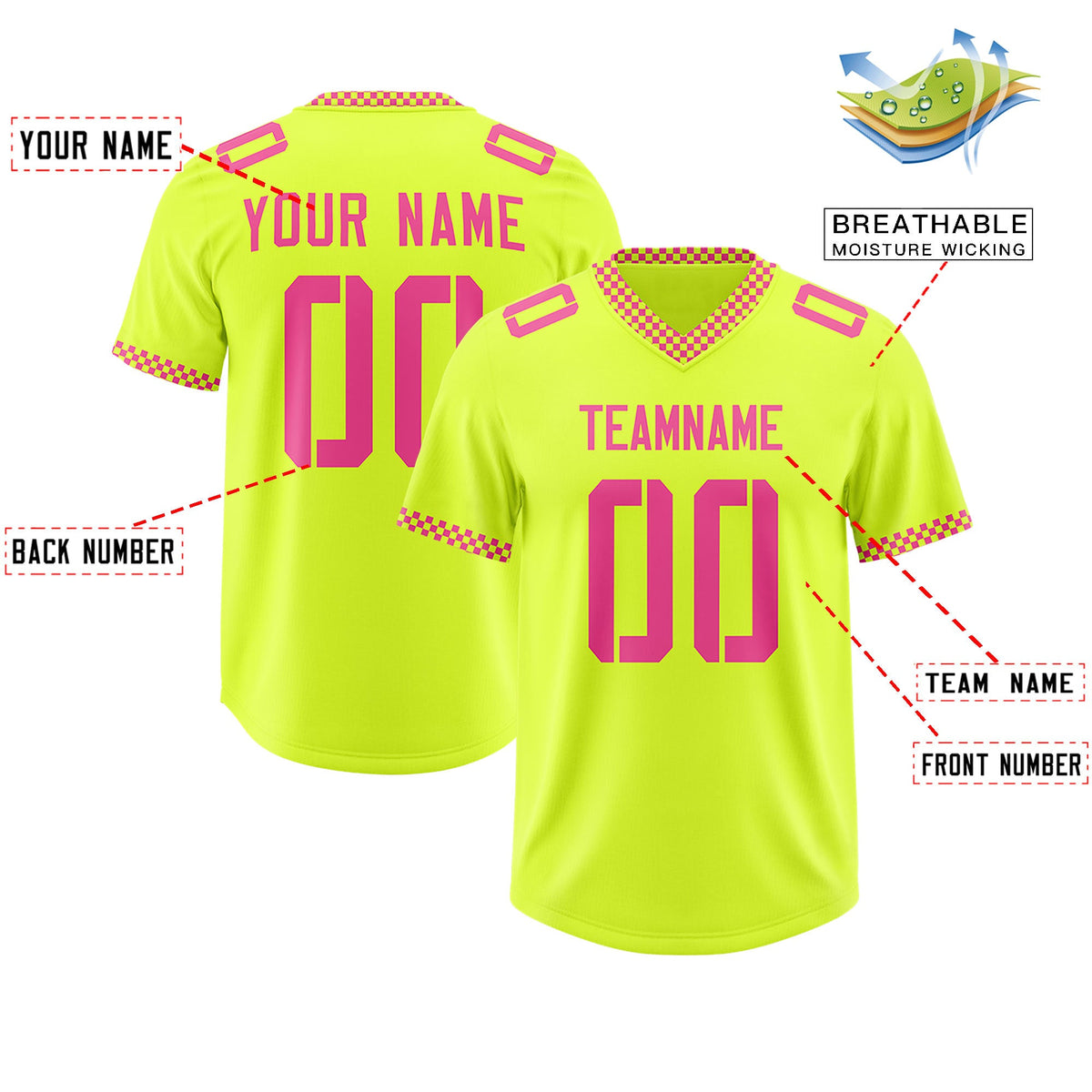 Custom Fluorescent Green Pink Personalized Neckline Square Classic Authentic Football Jersey