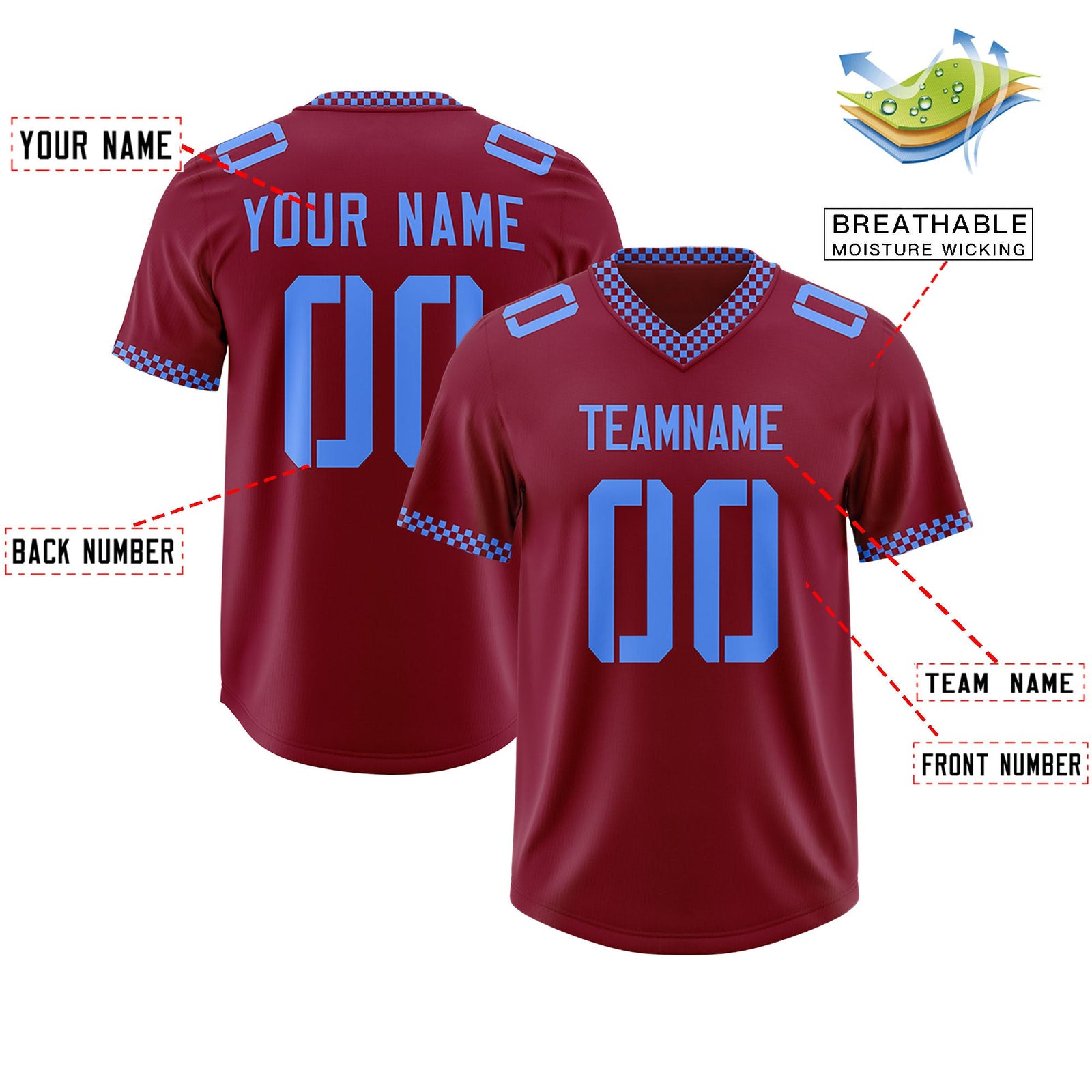 Custom Crimson Powder Blue Personalized Neckline Square Classic Authentic Football Jersey