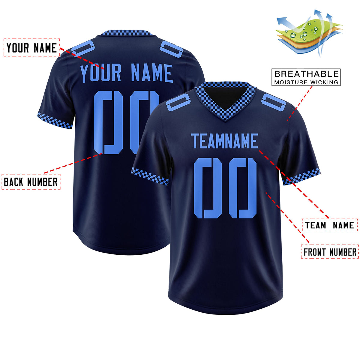 Custom Navy Powder Blue Personalized Neckline Square Classic Authentic Football Jersey