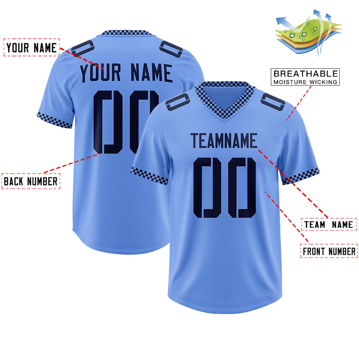 Custom Light Blue Navy Personalized Neckline Square Classic Authentic Football Jersey