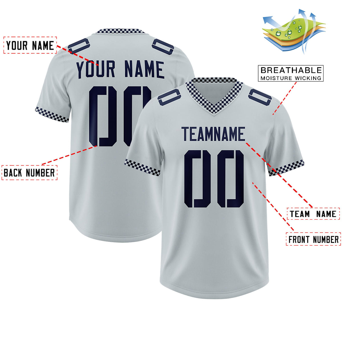 Custom Silver Navy Personalized Neckline Square Classic Authentic Football Jersey