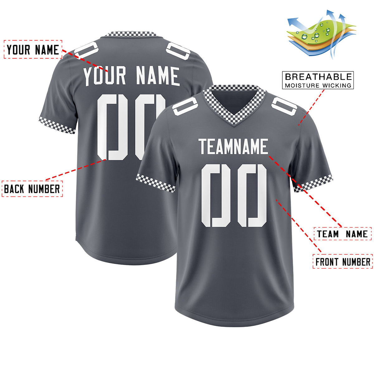 Custom Dark Gray White Personalized Neckline Square Classic Authentic Football Jersey