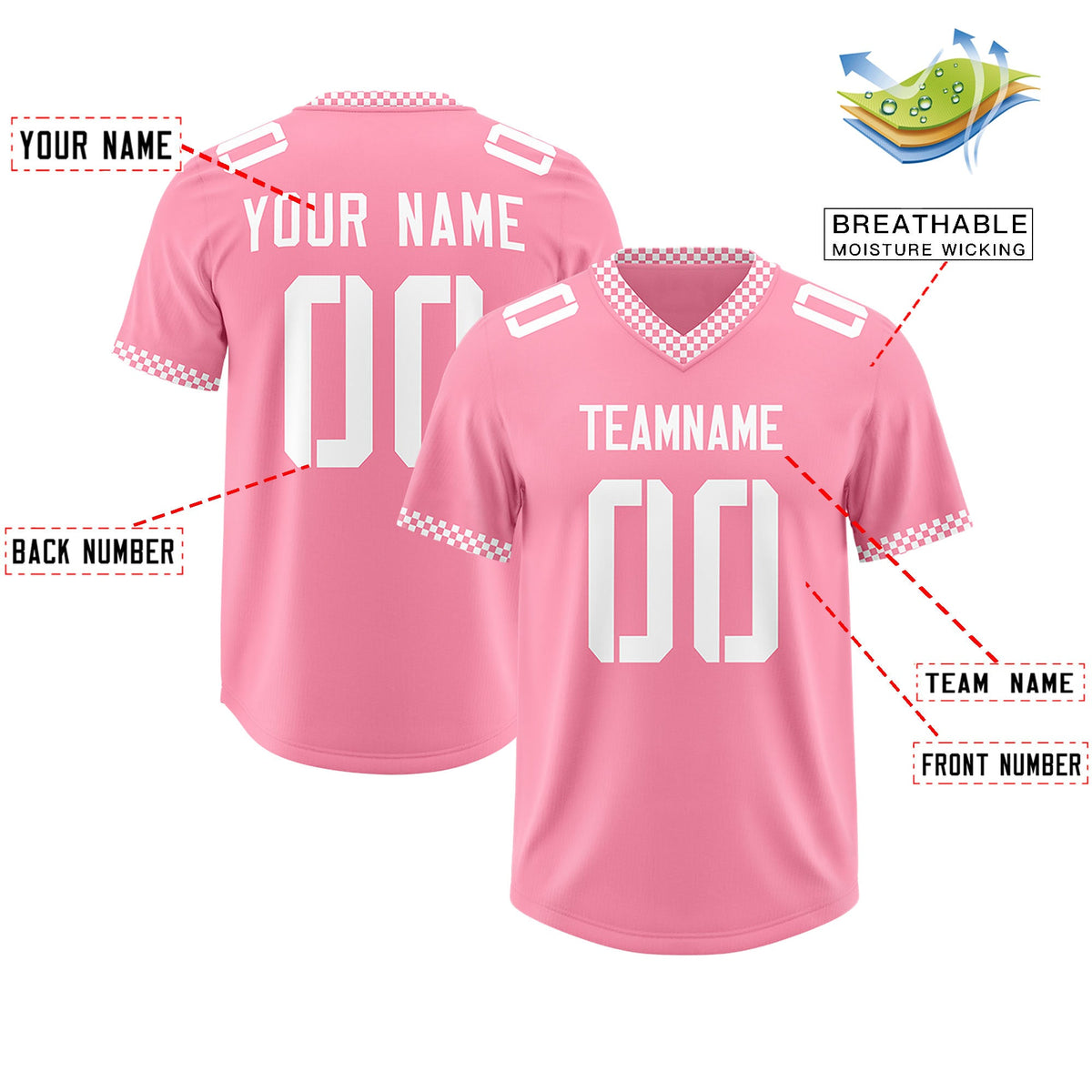 Custom Light Pink White Personalized Neckline Square Classic Authentic Football Jersey