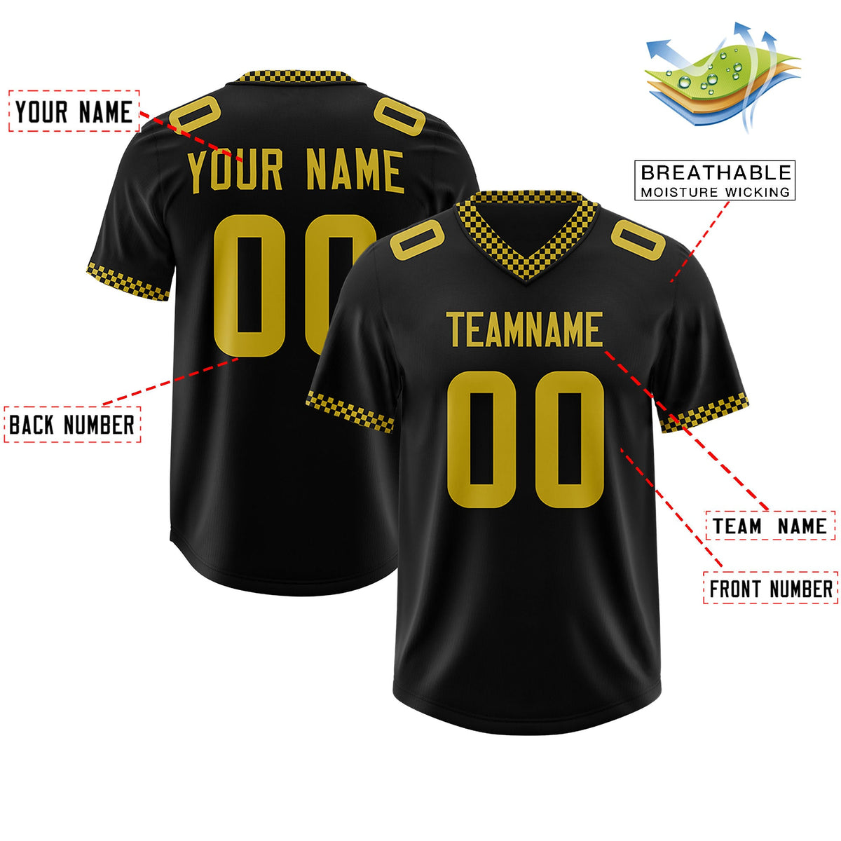 Custom Black Old Gold Personalized Neckline Square Classic Authentic Football Jersey