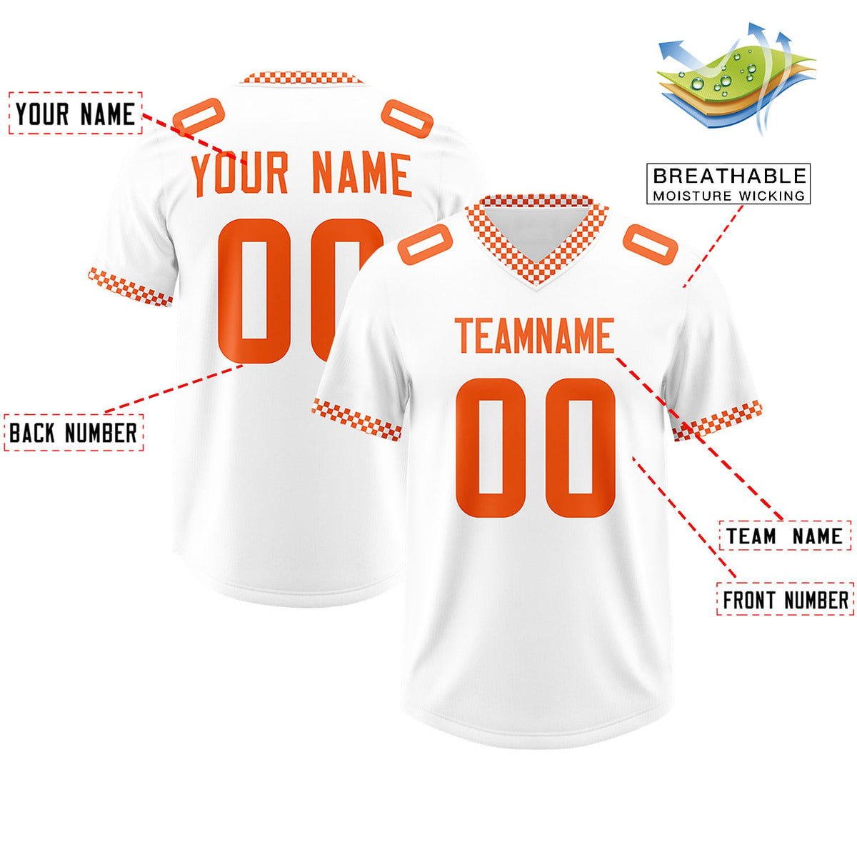 Custom White Orange Personalized Neckline Square Classic Authentic Football Jersey
