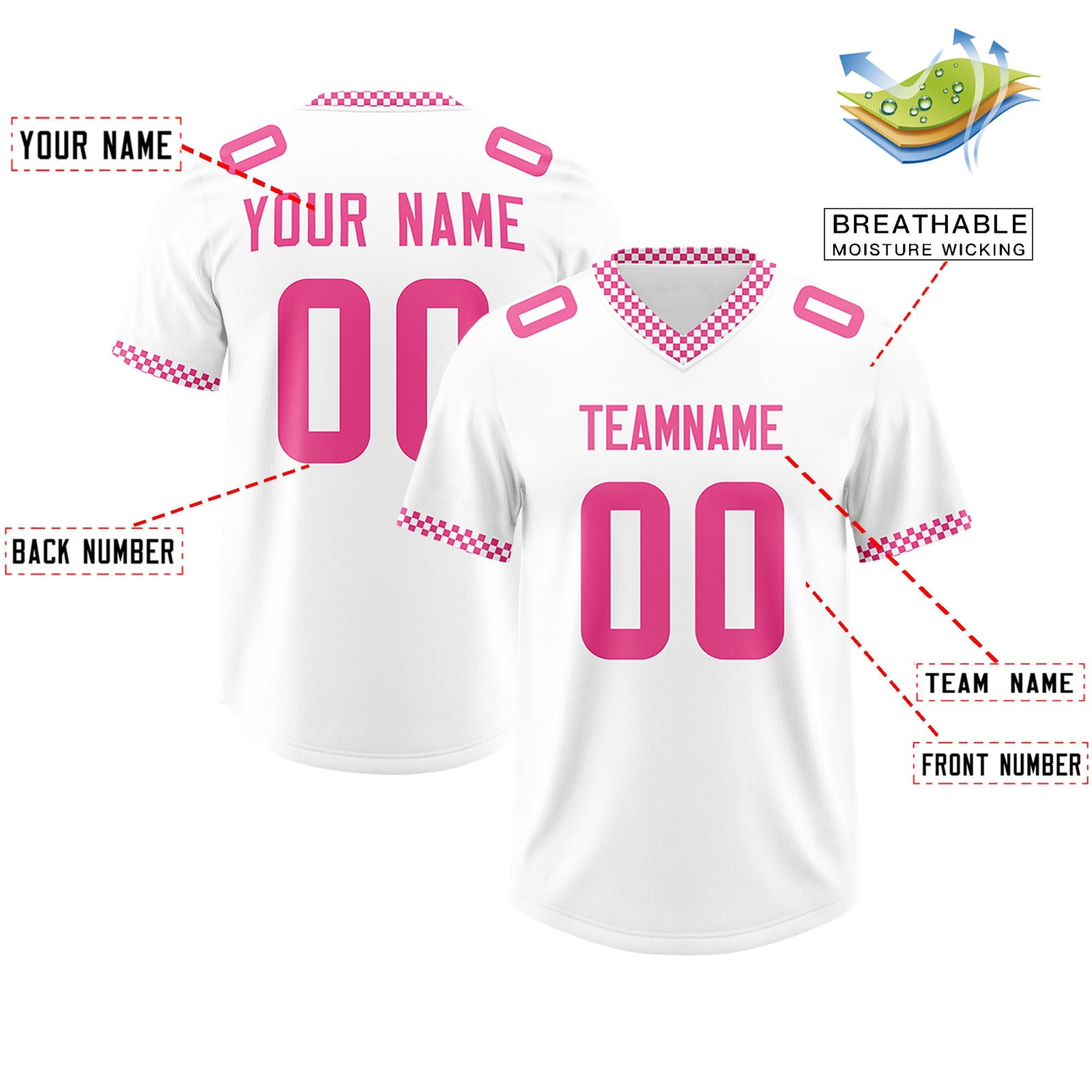 Custom White Pink Personalized Neckline Square Classic Authentic Football Jersey