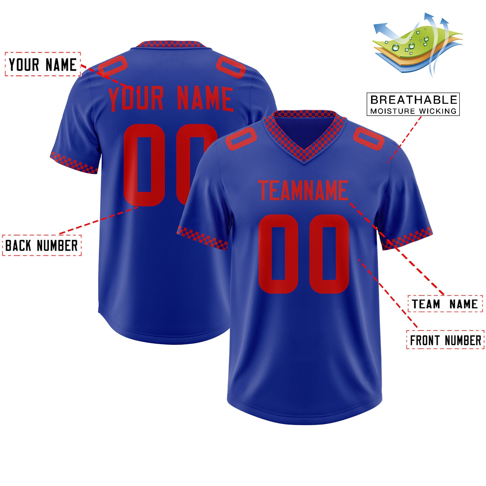 Custom Royal Red Personalized Neckline Square Classic Authentic Football Jersey