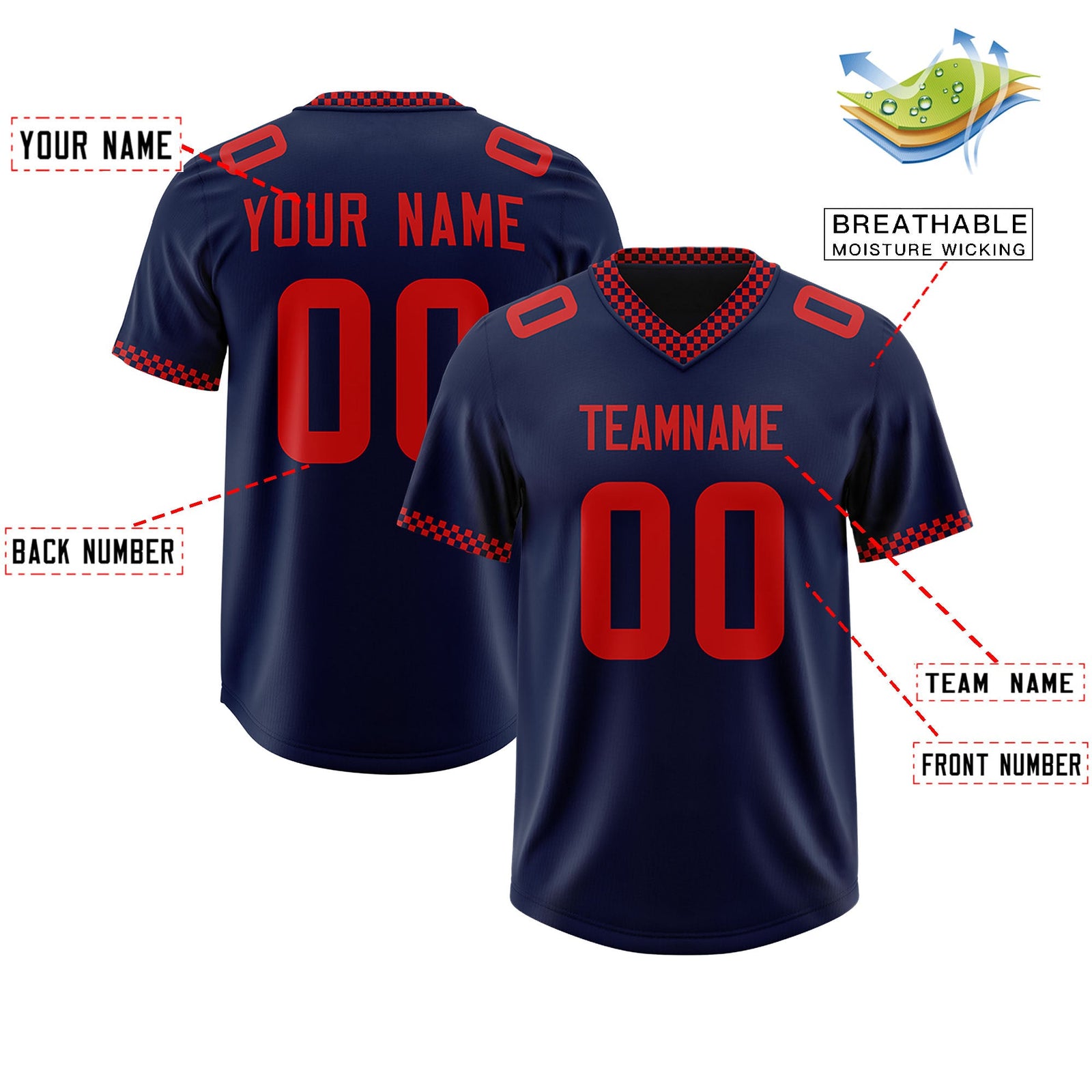 Custom Navy Red Personalized Neckline Square Classic Authentic Football Jersey