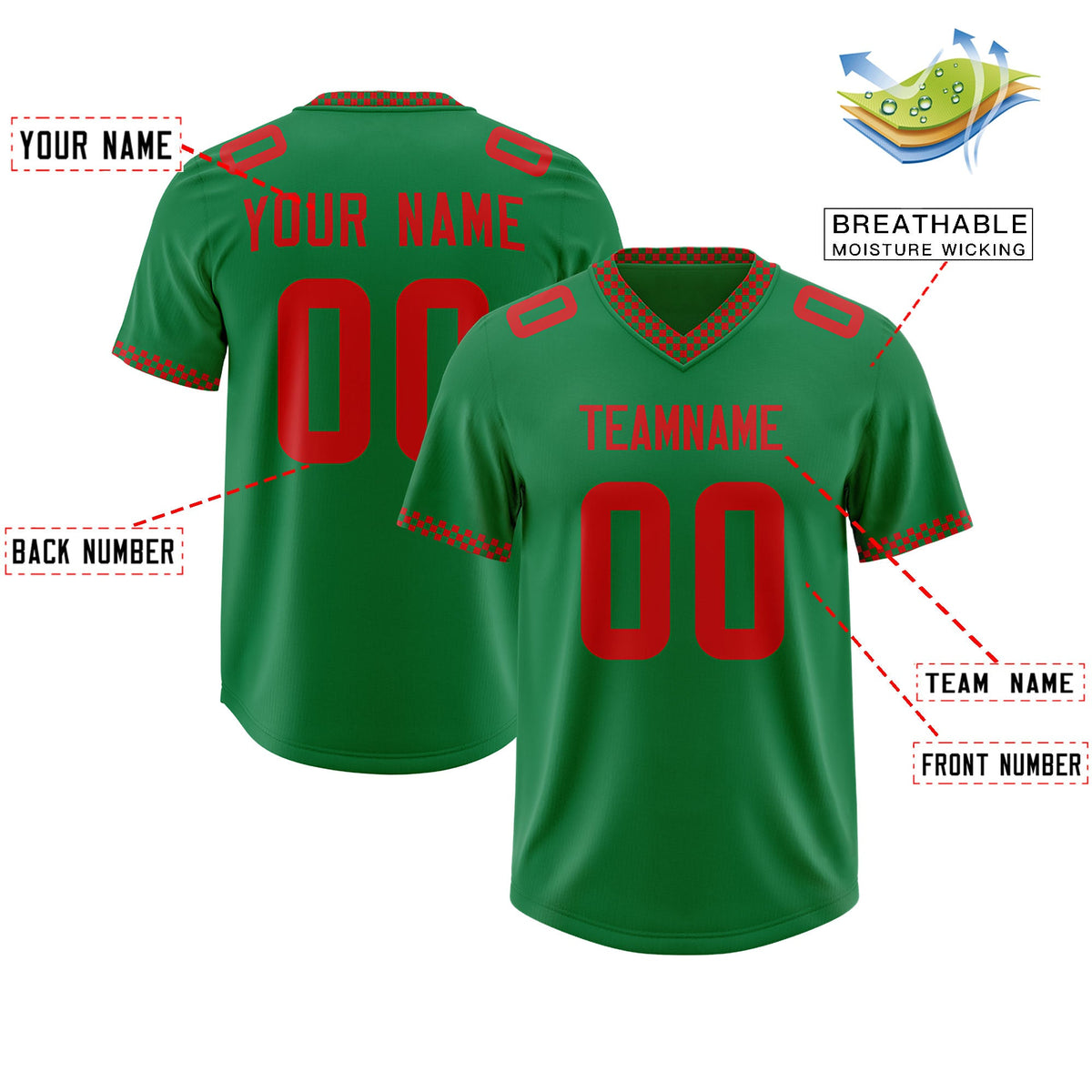 Custom Kelly Green Red Personalized Neckline Square Classic Authentic Football Jersey
