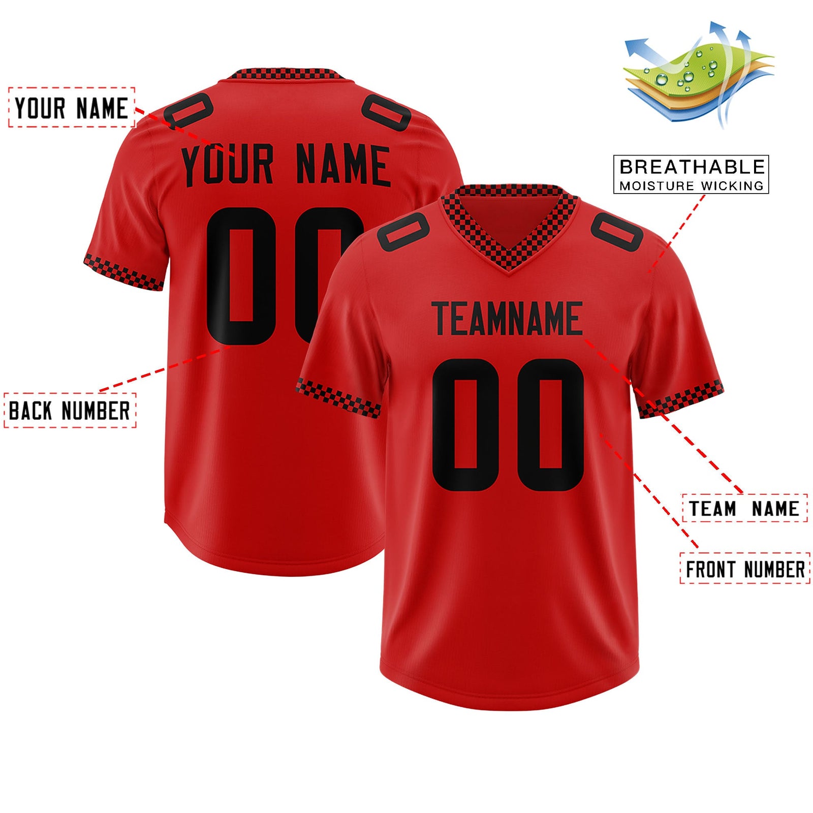 Custom Red Black Personalized Neckline Square Classic Authentic Football Jersey