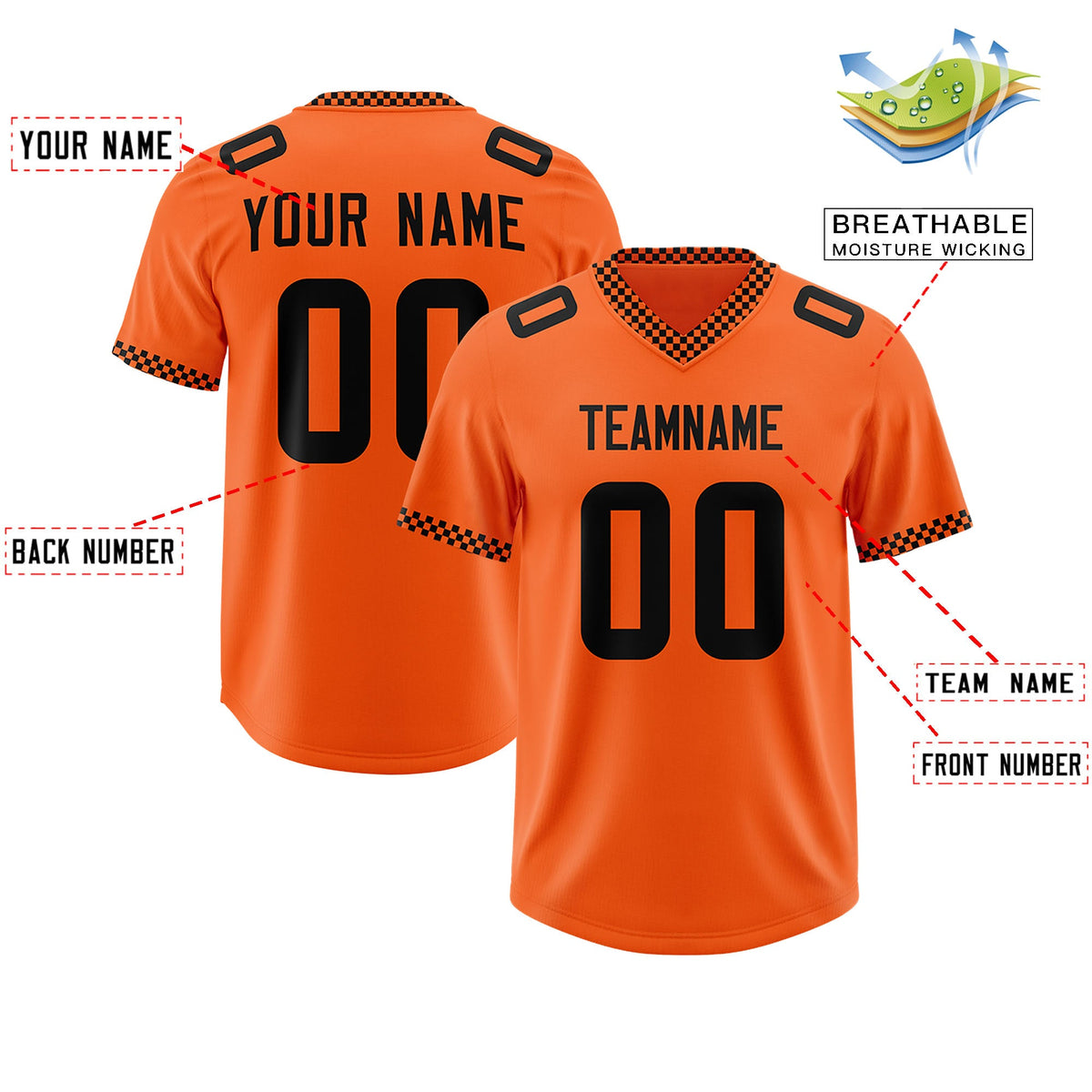 Custom Orange Black Personalized Neckline Square Classic Authentic Football Jersey