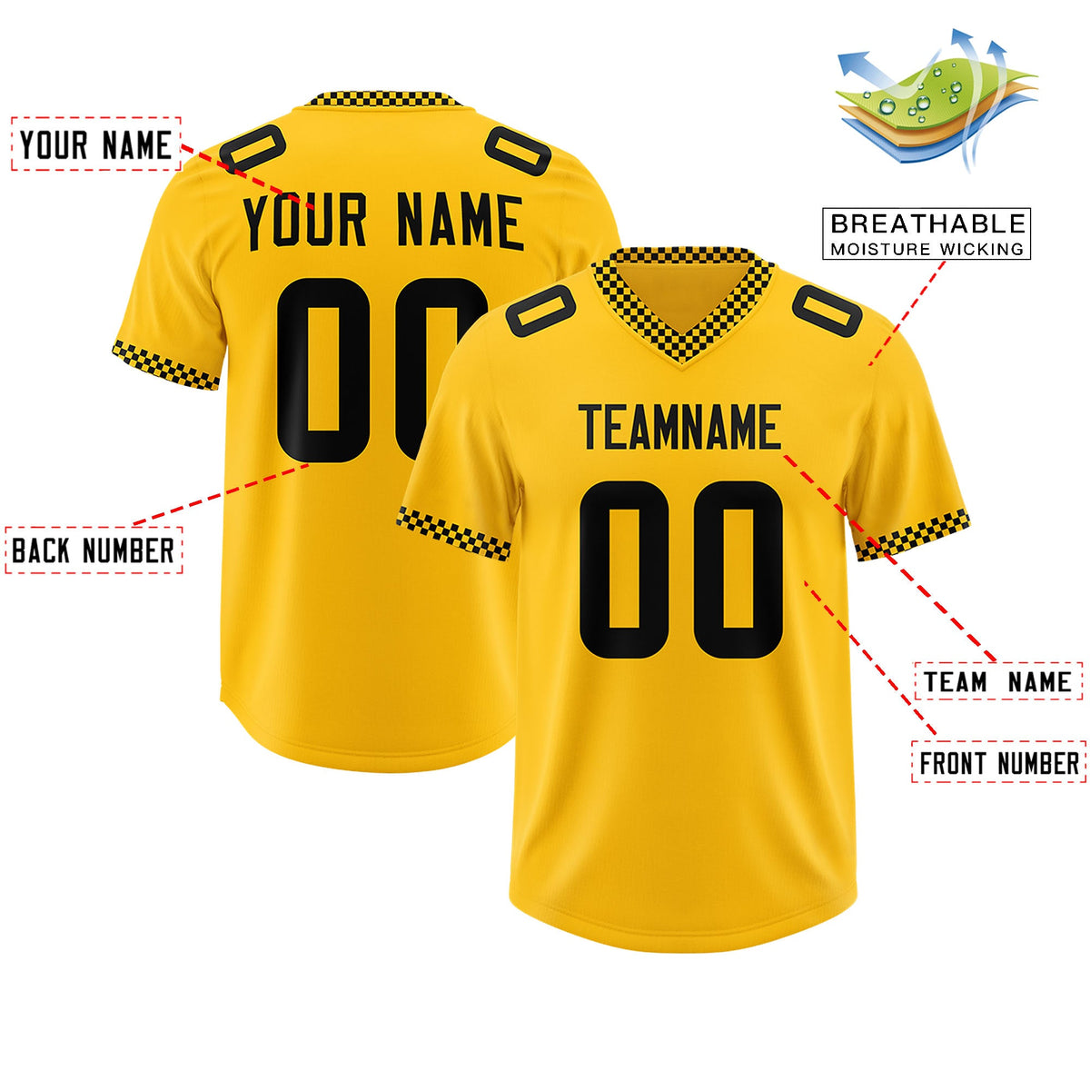 Custom Yellow Black Personalized Neckline Square Classic Authentic Football Jersey