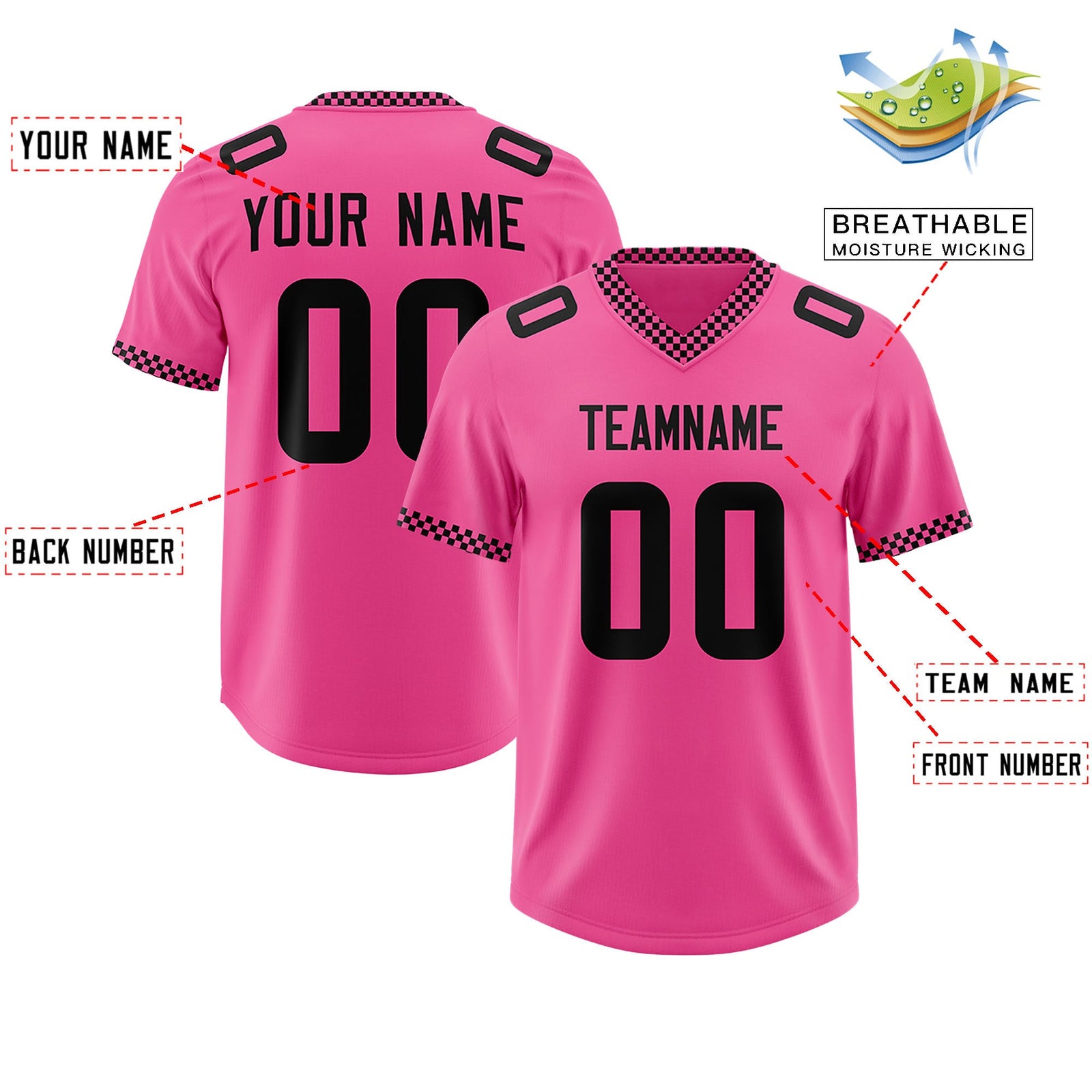 Custom Pink Black Personalized Neckline Square Classic Authentic Football Jersey