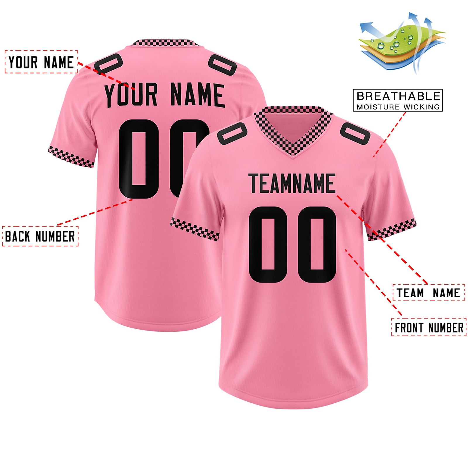 Custom Light Pink Black Personalized Neckline Square Classic Authentic Football Jersey