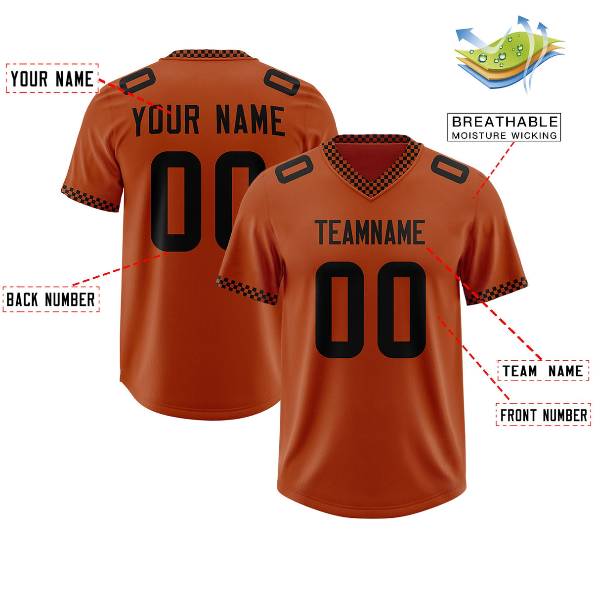 Custom Texas Orange Black Personalized Neckline Square Classic Authentic Football Jersey