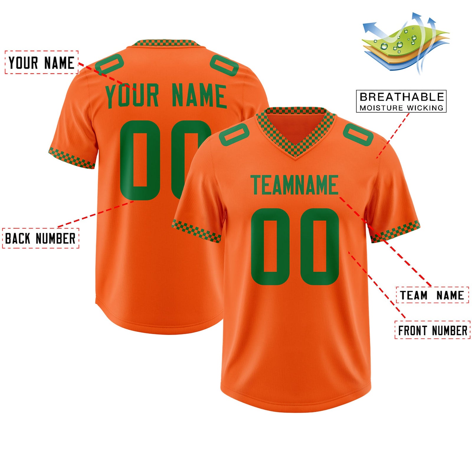 Custom Orange Kelly Green Personalized Neckline Square Classic Authentic Football Jersey