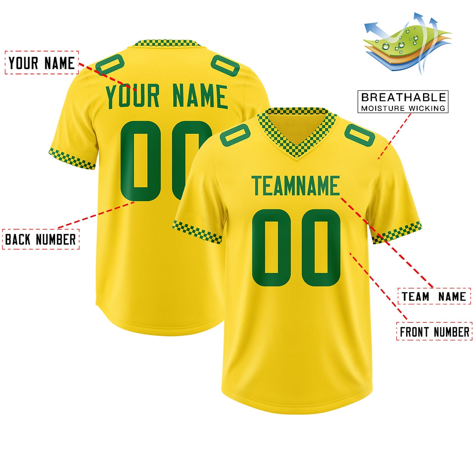 Custom Yellow Kelly Green Personalized Neckline Square Classic Authentic Football Jersey