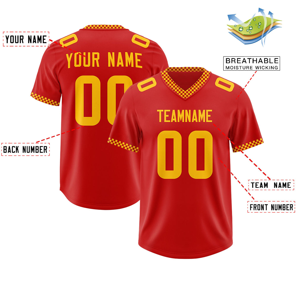 Custom Red Yellow Personalized Neckline Square Classic Authentic Football Jersey