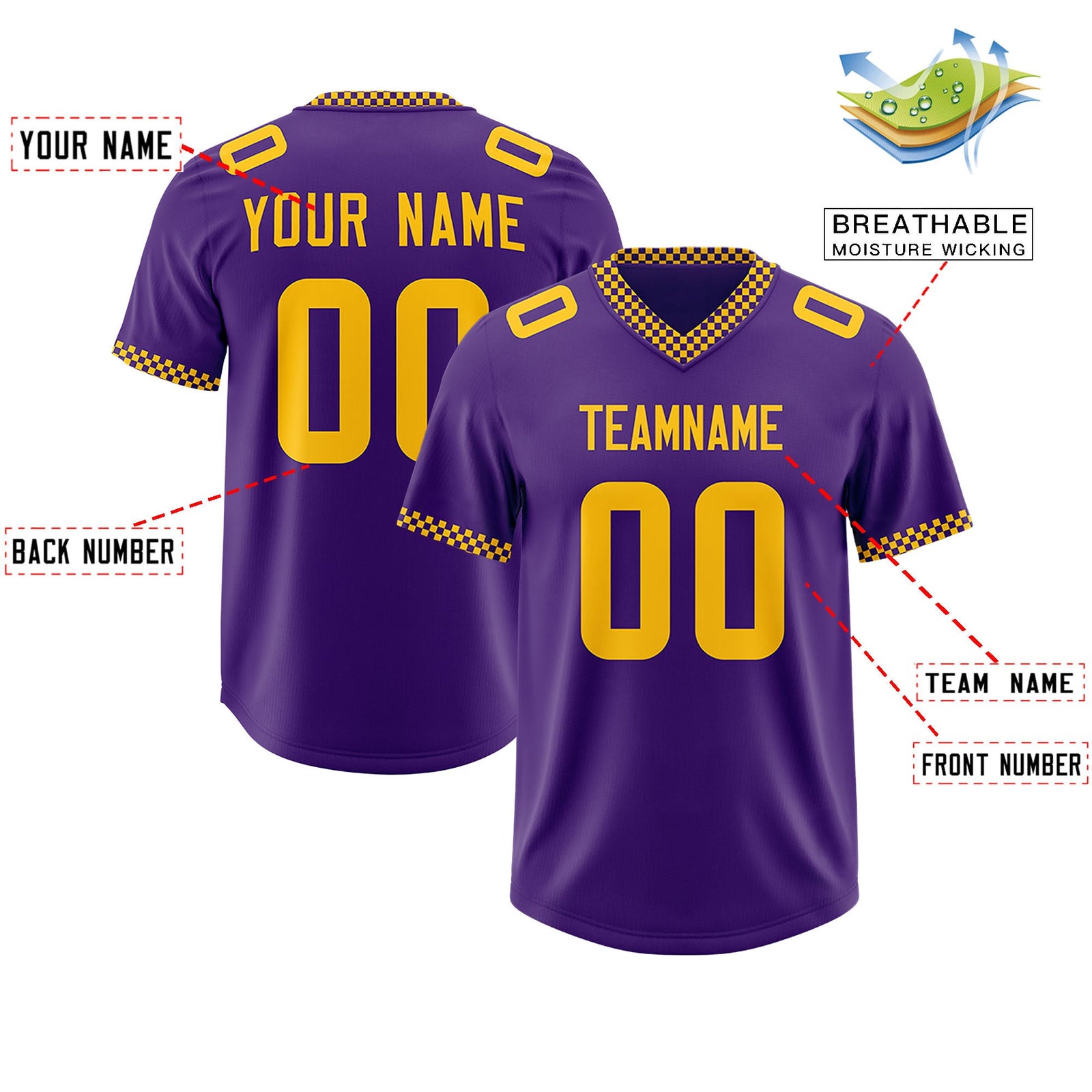 Custom Purple Yellow Personalized Neckline Square Classic Authentic Football Jersey