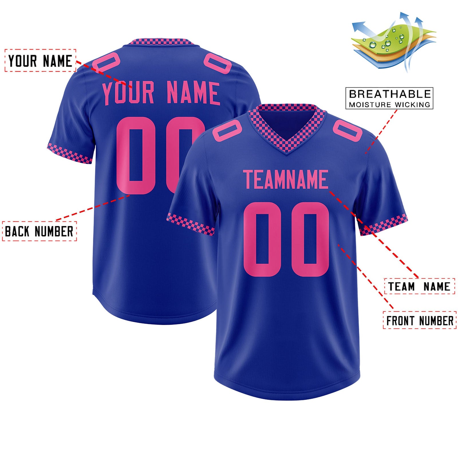 Custom Royal Pink Personalized Neckline Square Classic Authentic Football Jersey