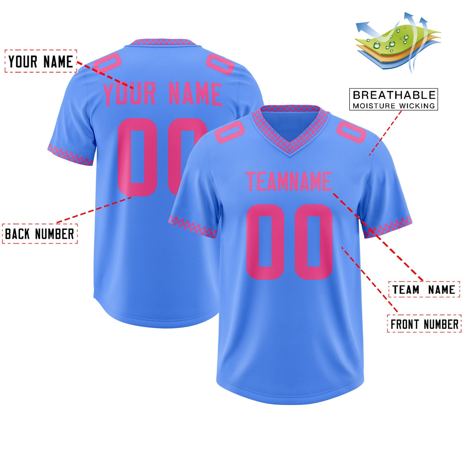 Custom Powder Blue Pink Personalized Neckline Square Classic Authentic Football Jersey