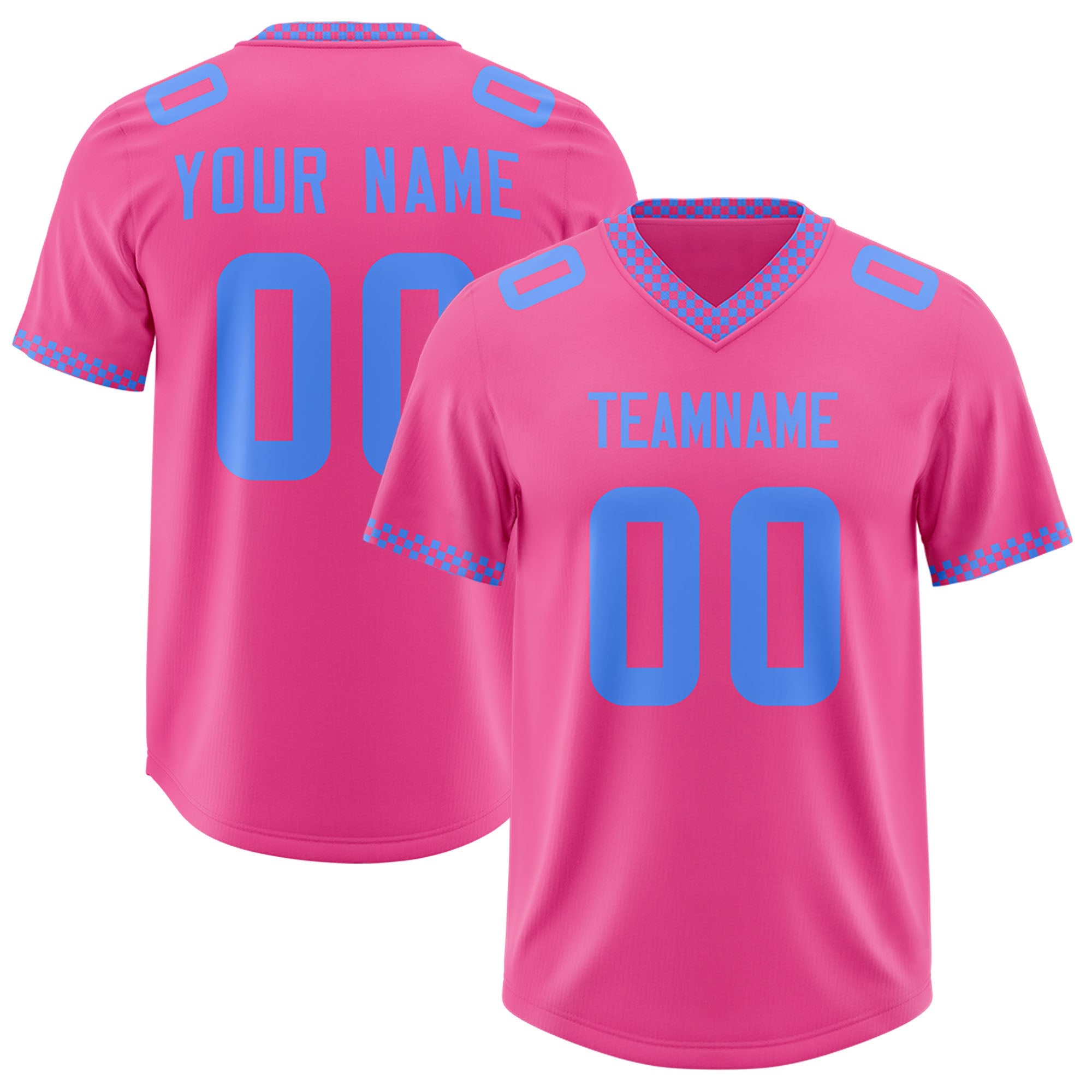 Custom Pink Powder Blue Personalized Neckline Square Classic Authentic Football Jersey