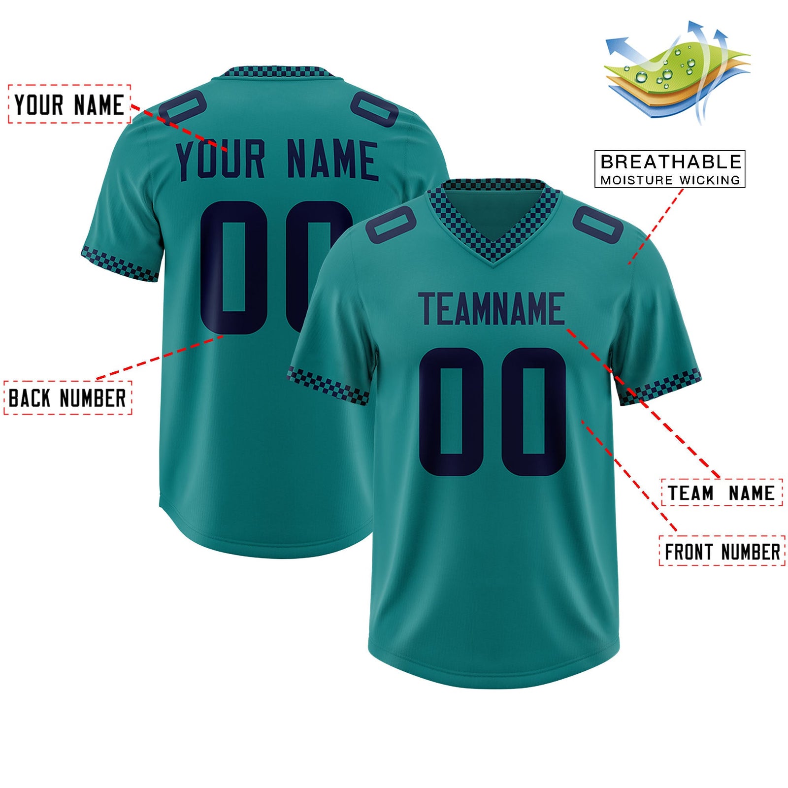 Custom Aqua Navy Personalized Neckline Square Classic Authentic Football Jersey