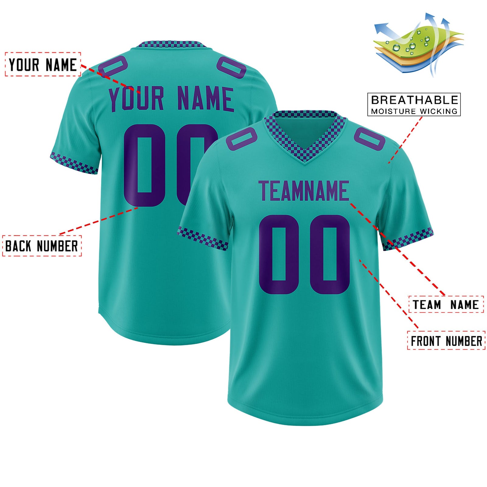 Custom Aqua Purple Personalized Neckline Square Classic Authentic Football Jersey