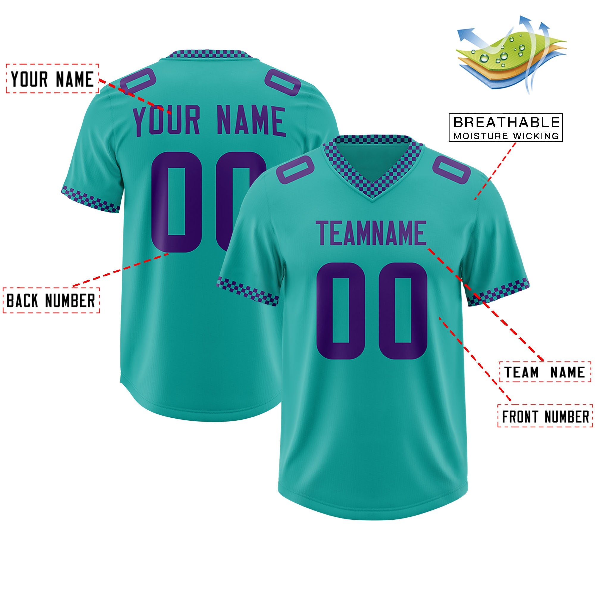 Custom Aqua Purple Personalized Neckline Square Classic Authentic Football Jersey