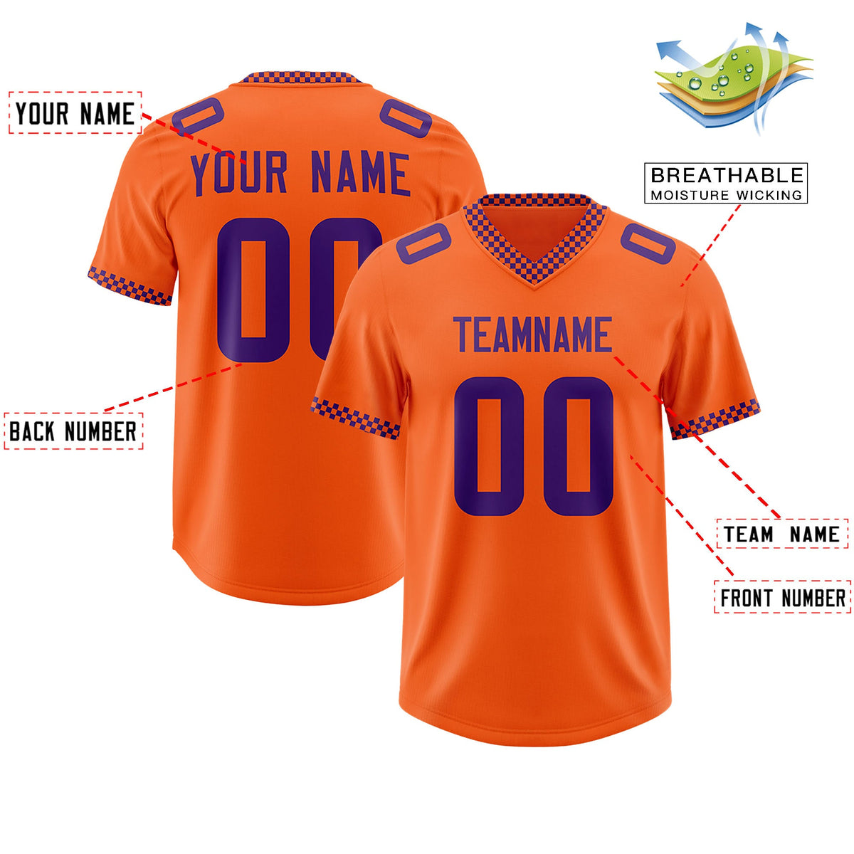 Custom Orange Purple Personalized Neckline Square Classic Authentic Football Jersey