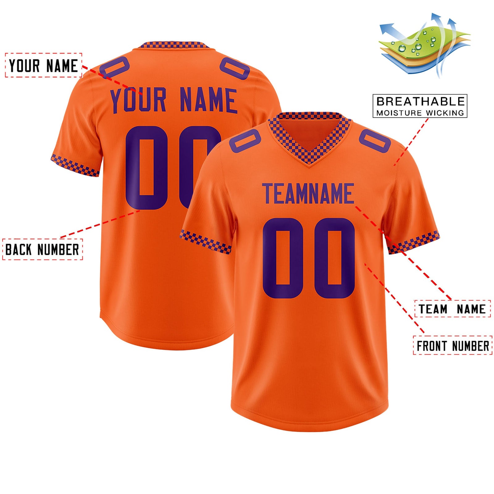 Custom Orange Purple Personalized Neckline Square Classic Authentic Football Jersey