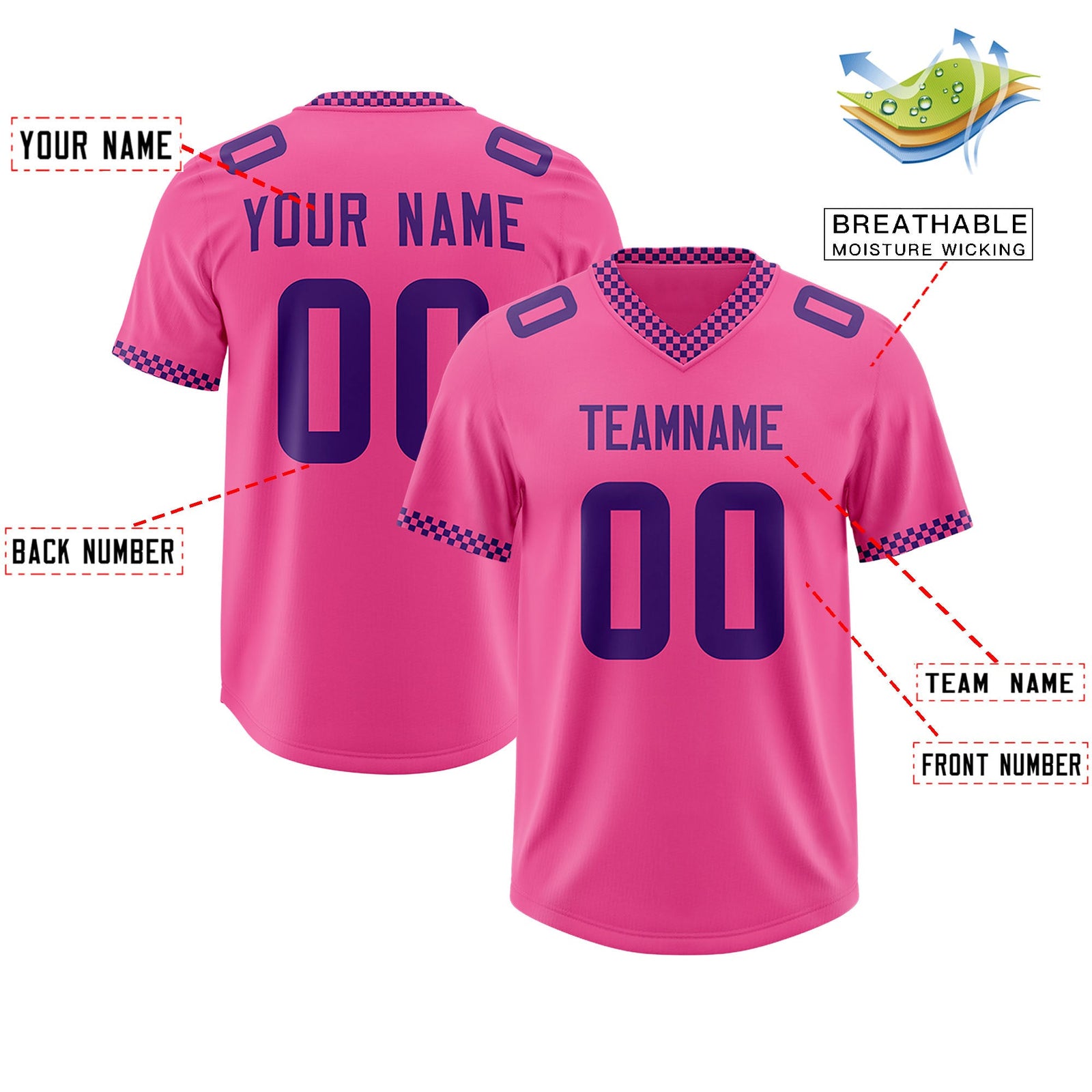 Custom Pink Purple Personalized Neckline Square Classic Authentic Football Jersey