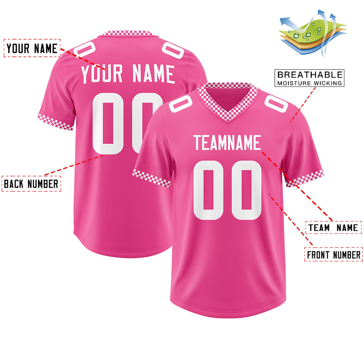 Custom Pink White Personalized Neckline Square Classic Authentic Football Jersey
