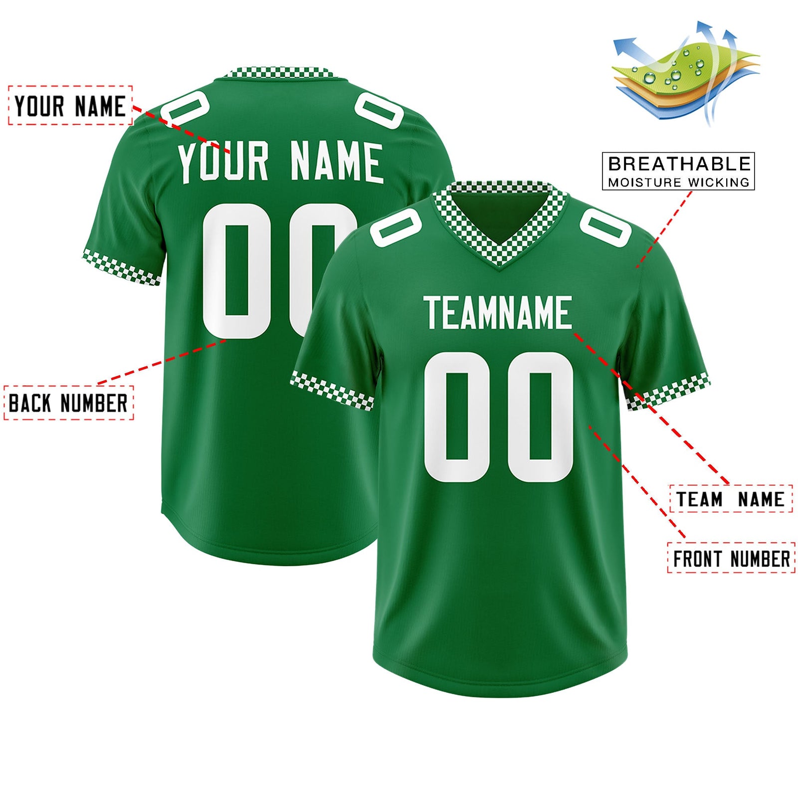 Custom Kelly Green White Personalized Neckline Square Classic Authentic Football Jersey