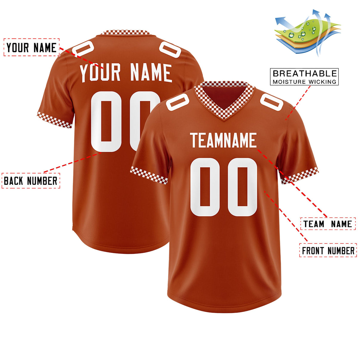 Custom Texas Orange White Personalized Neckline Square Classic Authentic Football Jersey