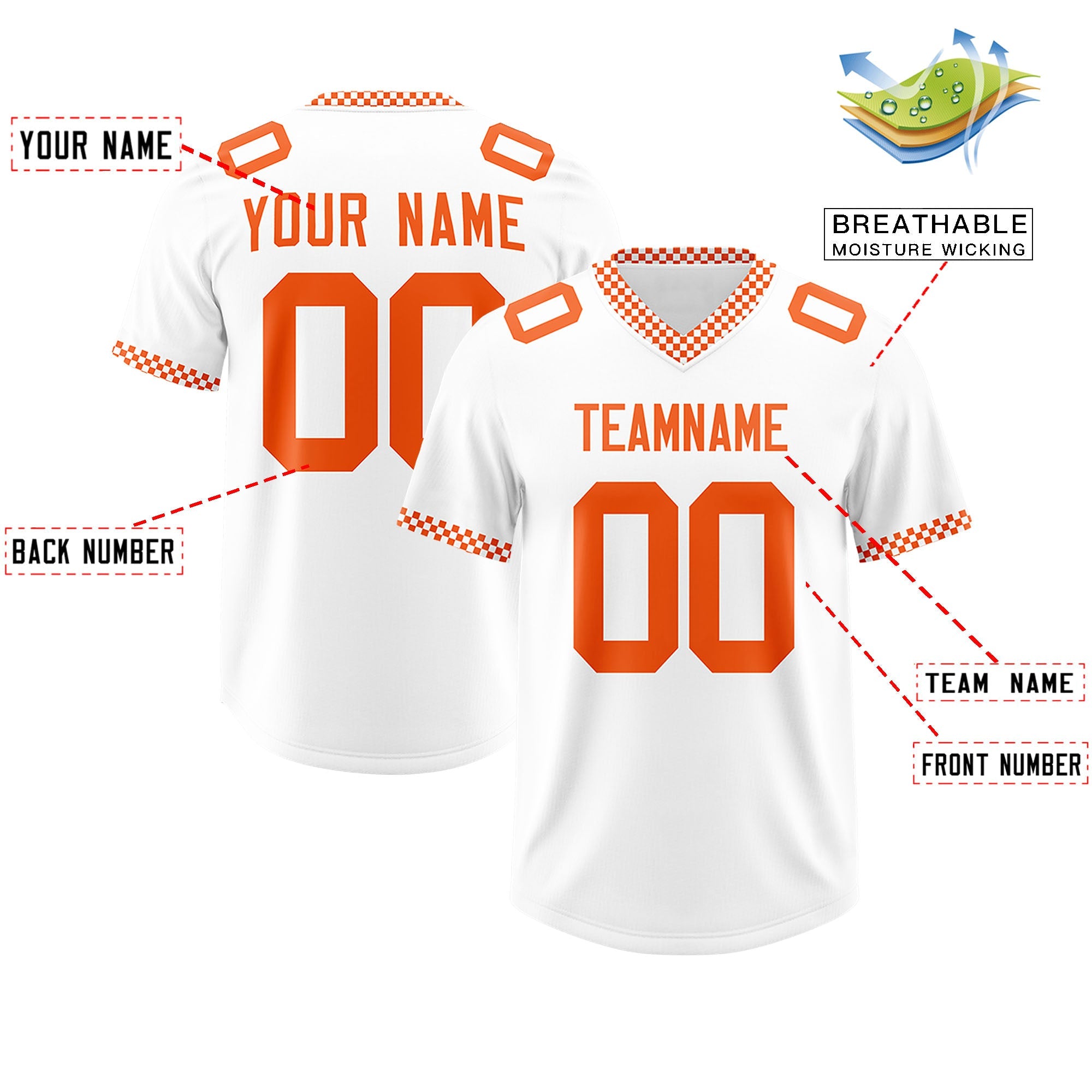 Custom White Orange Personalized Neckline Square Classic Authentic Football Jersey