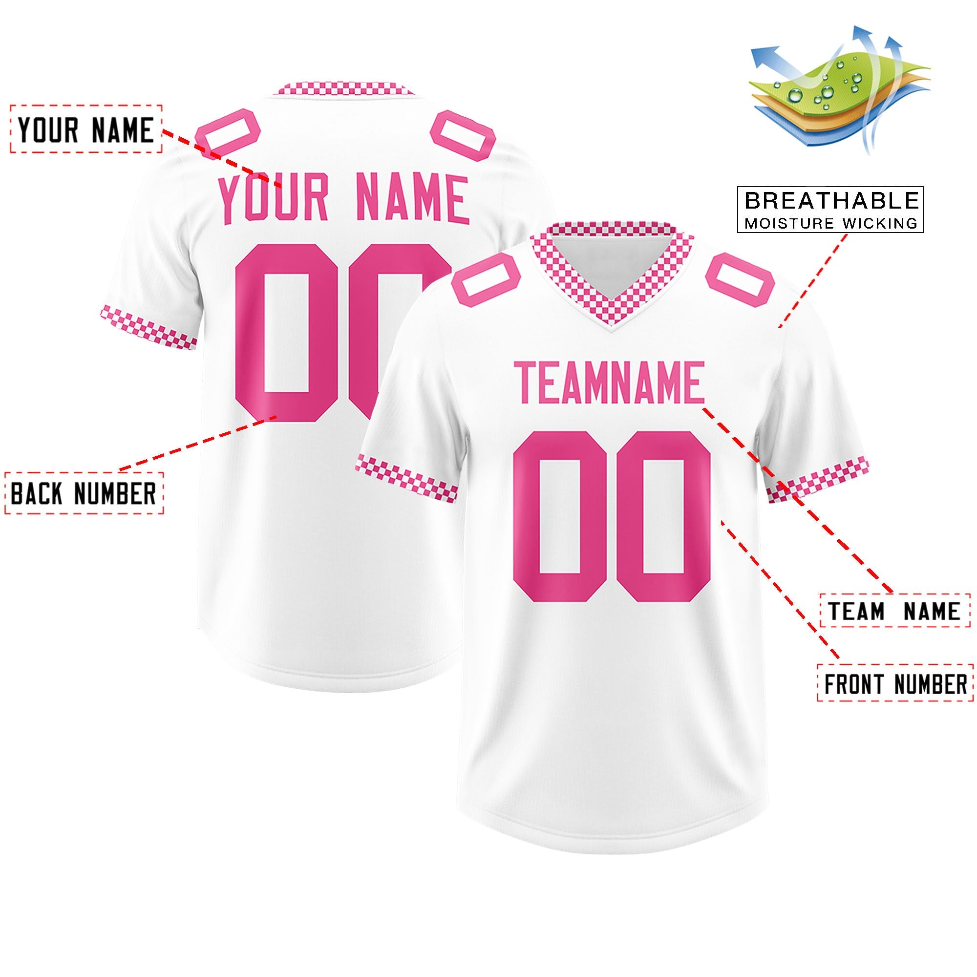 Custom White Pink Personalized Neckline Square Classic Authentic Football Jersey