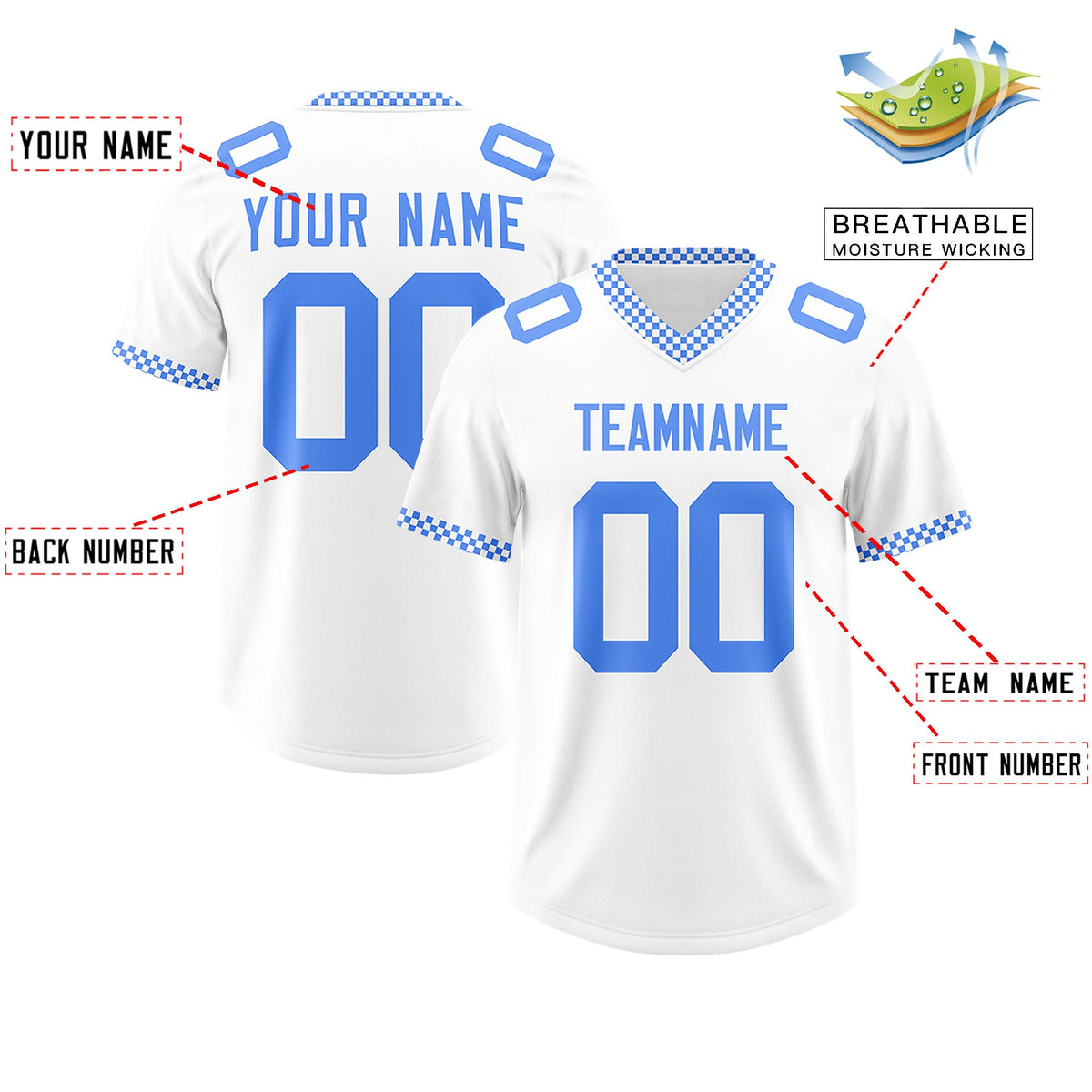 Custom White Powder Blue Personalized Neckline Square Classic Authentic Football Jersey