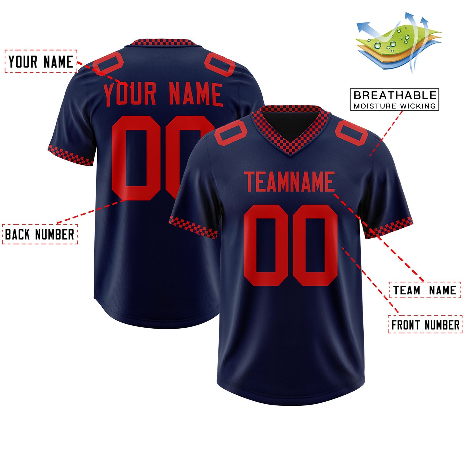 Custom Navy Red Personalized Neckline Square Classic Authentic Football Jersey