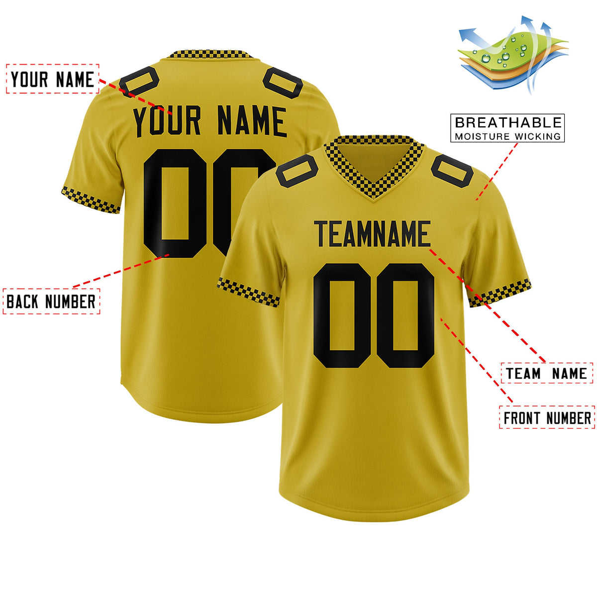 Custom Old Gold Black Personalized Neckline Square Classic Authentic Football Jersey